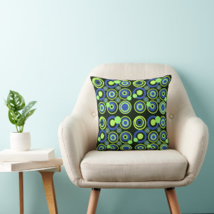 Retro Circles Party Blue Green Black Cushion