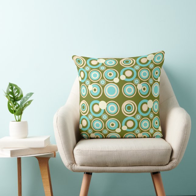 Retro Circles Party Dusty Olive Turquoise Cream  Cushion (Chair)