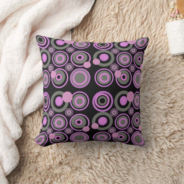 Retro Circles Party Lilac Grey Black Cushion (Blanket)