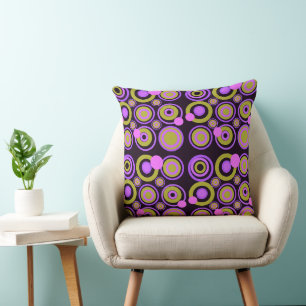 Retro Circles Party Purple Olive Green Black Cushion