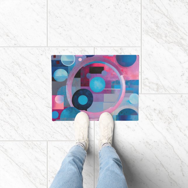Retro Circles & Squares in Soft Tones Pink & Blue Doormat (Indoor)