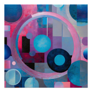 Retro Circles & Squares in Soft Tones Pink & Blue Poster