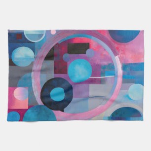 Retro Circles & Squares in Soft Tones Pink & Blue Tea Towel