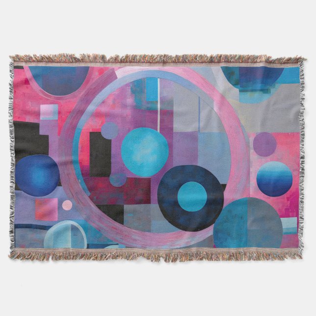 Retro Circles & Squares in Soft Tones Pink & Blue Throw Blanket (Front)