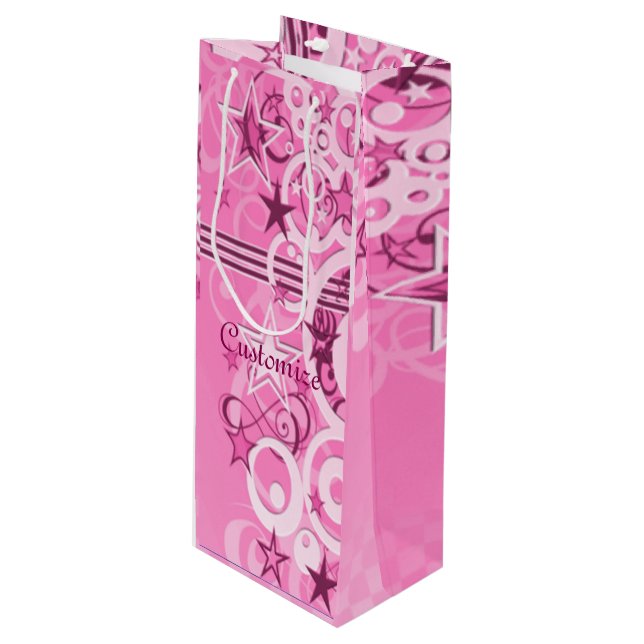 Retro Circles & Stars Pink Wine Gift Bag (Front Angled)