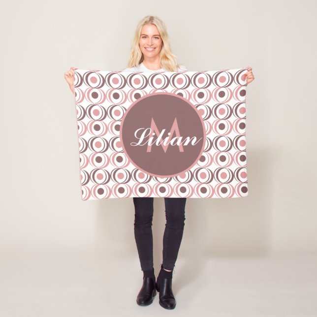 Retro Circular Earthy Tone Pink Monogrammed      Fleece Blanket (In Situ)
