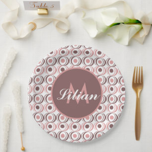Retro Circular Earthy Tone Pink Monogrammed Paper Plate