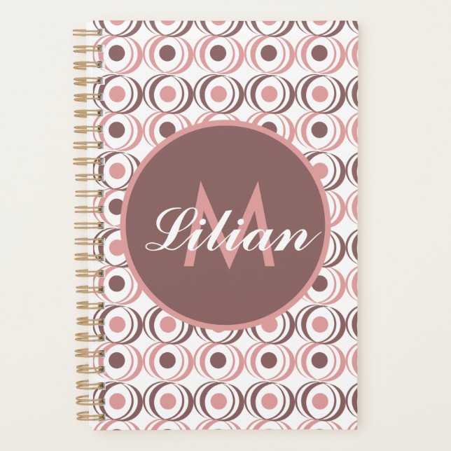 Retro Circular Earthy Tone Pink Monogrammed       Planner (Front)