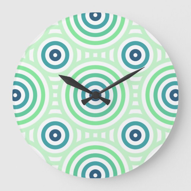 Retro Circular Geometric Pattern in Green & Blue Large Clock (Front)