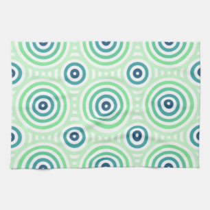 Retro Circular Geometric Pattern in Green & Blue Tea Towel