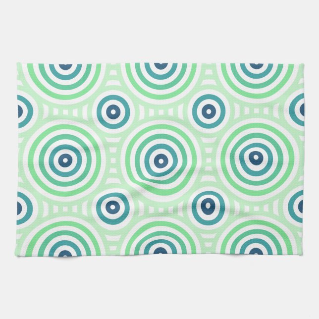 Retro Circular Geometric Pattern in Green & Blue Tea Towel (Horizontal)