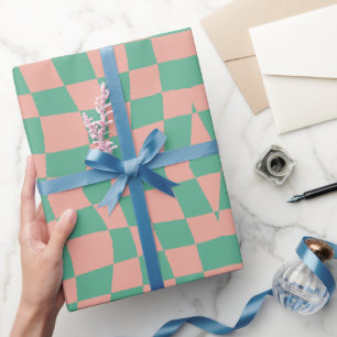 Retro Circus 70s aqua pink wavy checkered Pattern Wrapping Paper