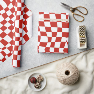Retro Circus 70s trippy red wavy checkered Pattern Wrapping Paper