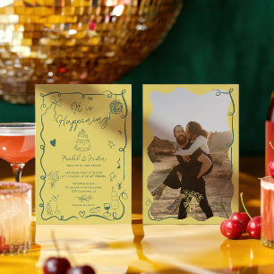 Retro citrus hand drawn illustrated photo wedding invitation