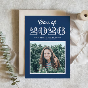 Retro Class of 2024 Navy Blue Photo Graduation Invitation