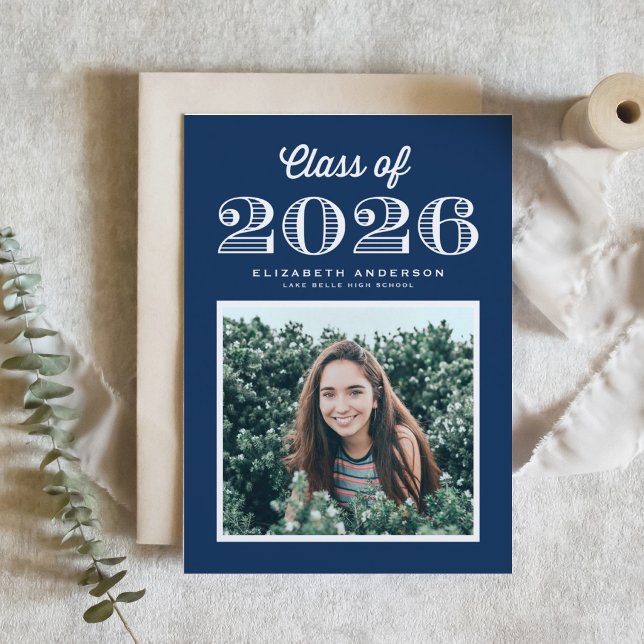 Retro Class of 2024 Navy Blue Photo Graduation Invitation (Customizable navy blue photo graduation invitation featuring vintage calligraphy. )