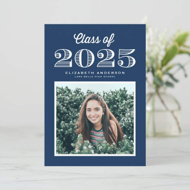 Retro Class of 2024 Navy Blue Photo Graduation Invitation (Standing Front)