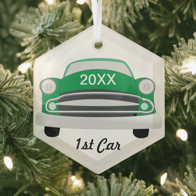 Retro Classic Car 1st Car Keepsake Glass Tree Decoration (Insitu)