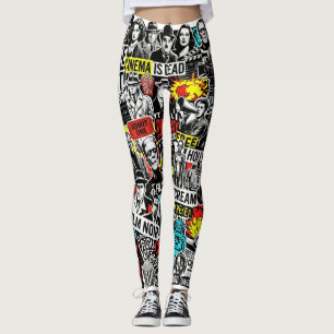 Retro Classic Cinema Stickers Collage - Vintage Fi Leggings