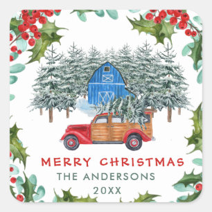 Retro Classic Rustic  Merry Christmas Red Truck Square Sticker