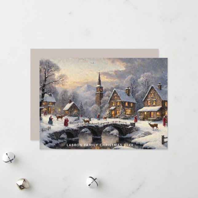 Retro Classic Snowy Winter Wonderland Personalised Holiday Card (Front/Back In Situ)
