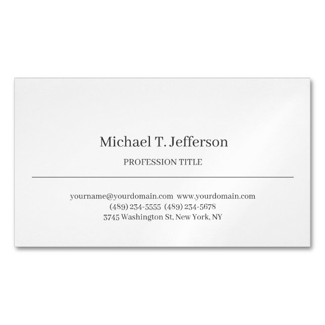 Retro Classical Elegant Plain Simple White Magnetic Business Card (Front)
