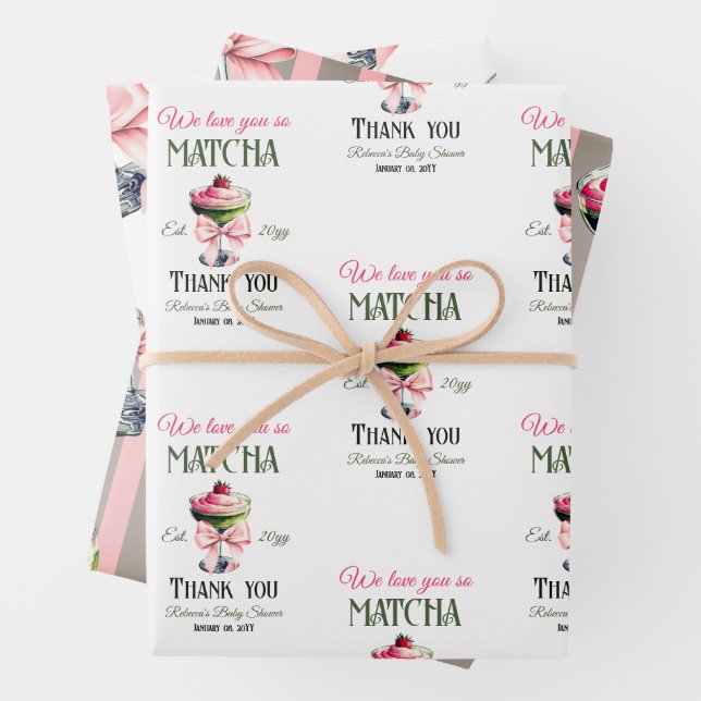 Retro Club Pink Bow Love You Matcha Baby Shower Wrapping Paper Sheet (In situ)