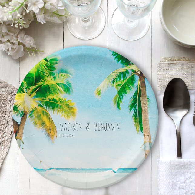Retro Coastal Beach Palm Trees Tropical Wedding Paper Plate (Creator Uploaded)