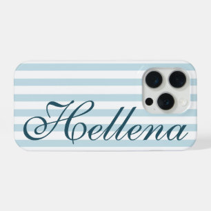  Retro Coastal Blue White Stripes Custom Name iPhone 15 Pro Case