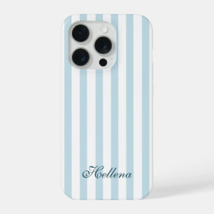 Retro Coastal Blue White Stripes Custom Name iPhone 15 Pro Case
