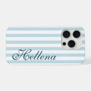  Retro Coastal Blue White Stripes Custom Name iPhone 15 Pro Case