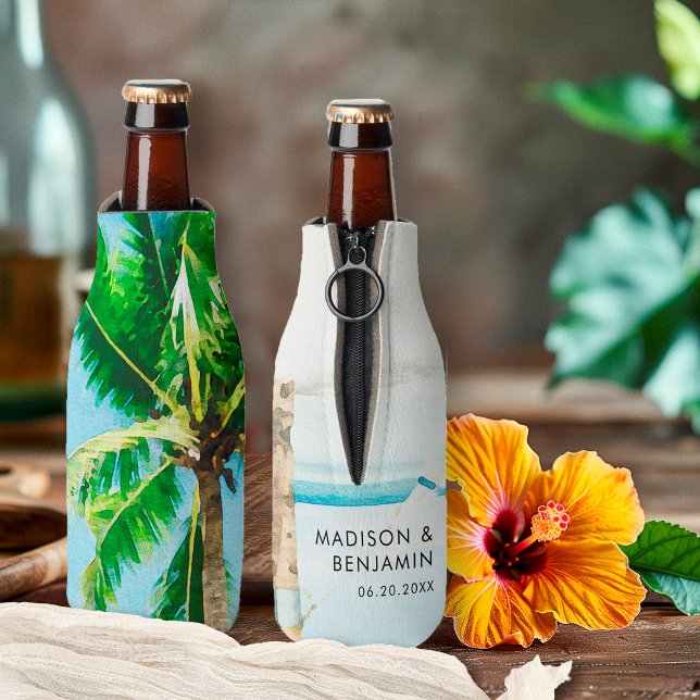 Retro Coastal Tropical Beach Wedding Personalised Bottle Cooler (Creator Uploaded)
