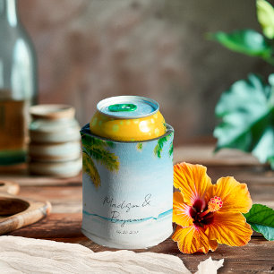 Retro Coastal Tropical Beach Wedding Personalised Can Cooler