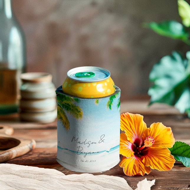 Retro Coastal Tropical Beach Wedding Personalised Can Cooler (Creator Uploaded)