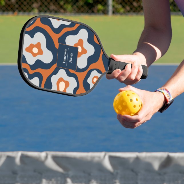 Retro Cobalt Blues Rust Egg Flowers Custom Name Pickleball Paddle (Insitu)