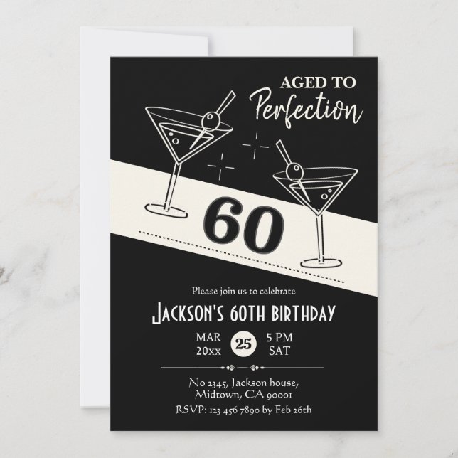 Retro cocktail black & white martini 60th Birthday Invitation (Front)