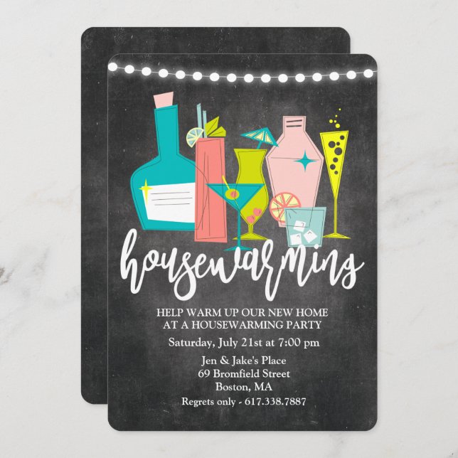 Retro Cocktail Drinks Housewarming Invitation (Front/Back)