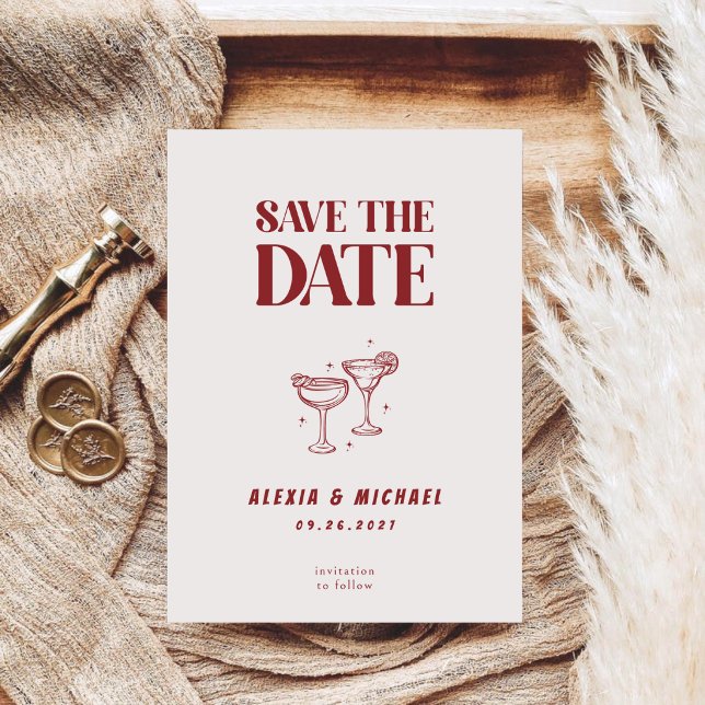 Retro Cocktail Glasse Photo Elegant Script Wedding Save The Date (Creator Uploaded)