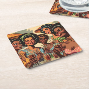 Retro Cocktail Party Girls Square Paper Coaster
