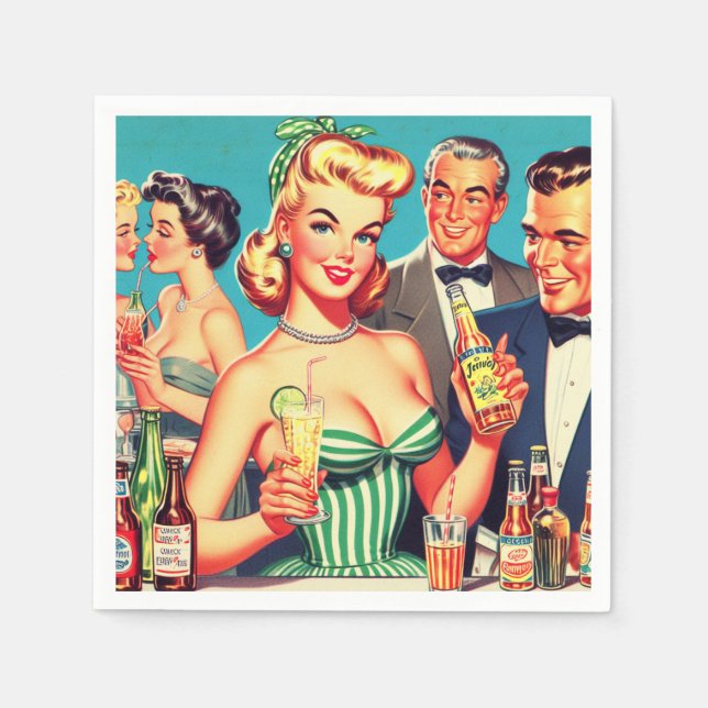 Retro Cocktail Party Illustration Napkin (Front)