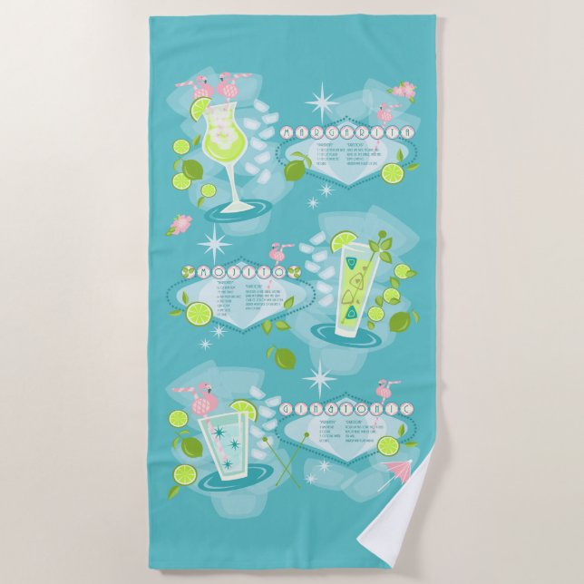 Retro Cocktail Recipes Beach Towel (Front)