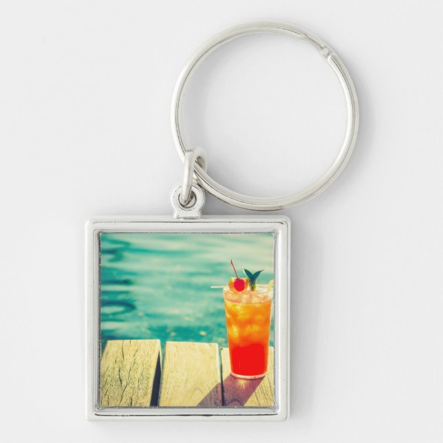Retro cocktail sunset pool bar key ring (Front)