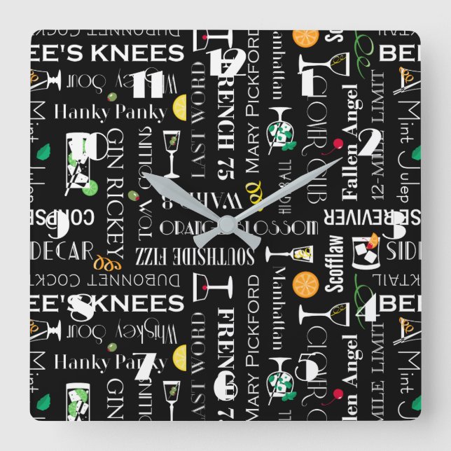 Retro Cocktails Square Wall Clock (Front)