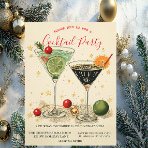 Retro Cocktails Stars Green Christmas  Invitation