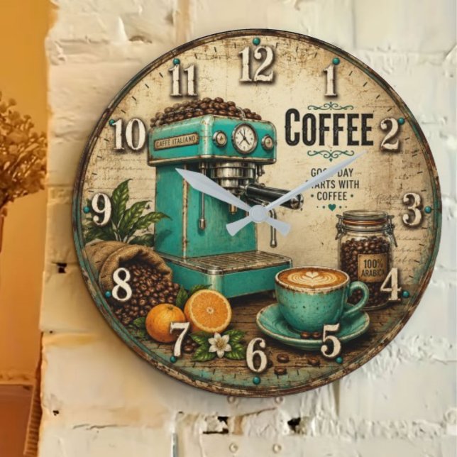 Retro Coffee Bar Decor Barista Kitchen Large Clock (Creator Uploaded)