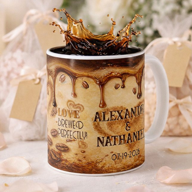 Retro Coffee Beige Drip Love Art Wedding Favour   Mug (Creator Uploaded)