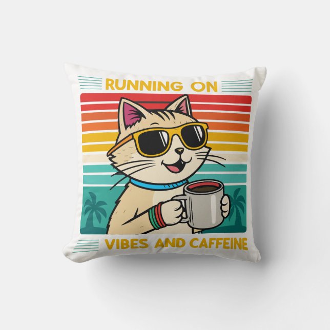 Retro Coffee Cat Vibes – Funny Caffeine Lover Cushion (Front)
