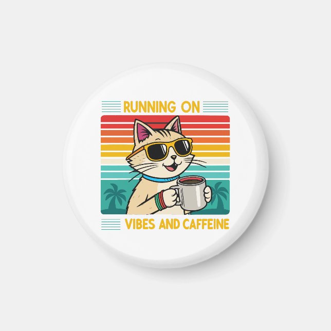 Retro Coffee Cat Vibes - Funny Caffeine Lover Magnet (Front)