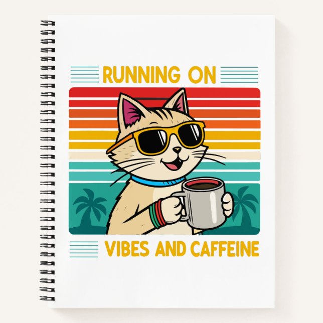 Retro Coffee Cat Vibes - Funny Caffeine Lover Notebook (Front)