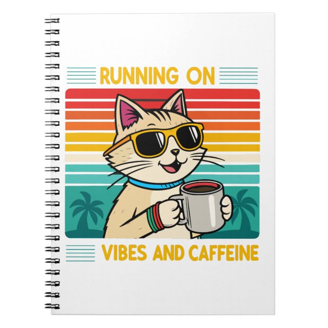 Retro Coffee Cat Vibes - Funny Caffeine Lover Notebook (Front)